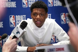 (Nam Y. Huh | AP) Ace Bailey talks to media at the 2025 NBA basketball draft combine in Chicago, Wednesday, May 14, 2025.