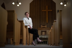 (Francisco Kjolseth  | The Salt Lake Tribune) Michelle Phillips, a Latter-day Saint turned Community of Christ member, poses for a portrait at her parish in Ogden on Wednesday, May 21, 2025. Since joining her new faith, she has been ordained an elder and is the first woman, Utahn and former Latter-day Saint to take on the role known as the Mission Center president for the Inland West Mission. 