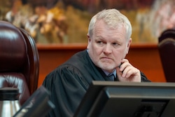 (Rick Egan | The Salt Lake Tribune) Utah Supreme Court Associate Chief Justice John A. Pearce listens to oral arguments, as David Leavitt appears before the court in Salt Lake City on Friday, Feb 28, 2025.